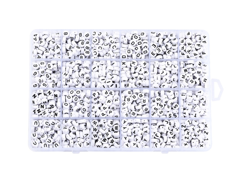 7 mm Round White Acrylic Alphabet Beads with  Black Letters - Box (1364pcs)