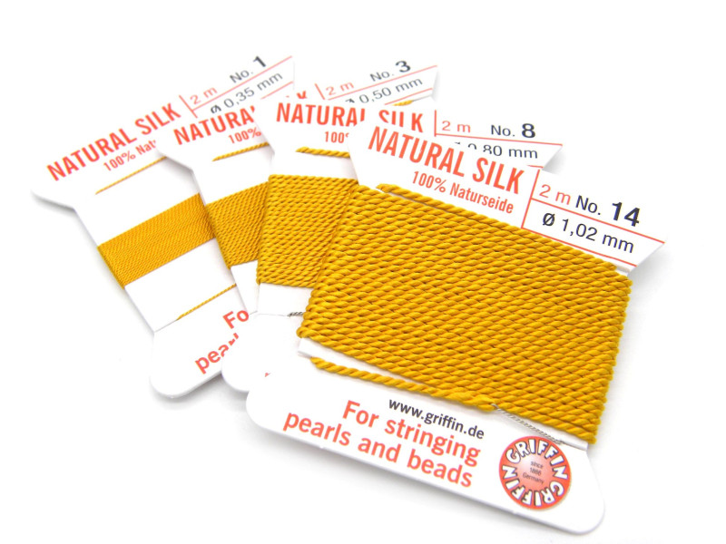 2 m (6.6 Ft/2.15 Yd) Griffin Natural Silk Bead Cord - Pearl Knotting Cord with Needle - AMBER (All Sizes) 2 m (6.6 Ft/2.15 Yd) Griffin Natural Silk Bead Cord - Pearl Knotting Cord with Needle - AMBER (All Sizes)