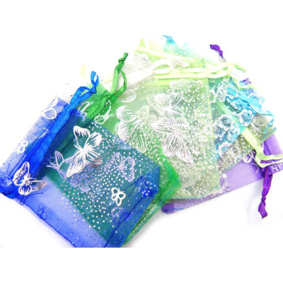 9 x 7 cm (3.5 x 2.7 inch) Small Organza Gift Bags with Drawstrings with silver/Gold Print - Various Colours (10 Pc.)