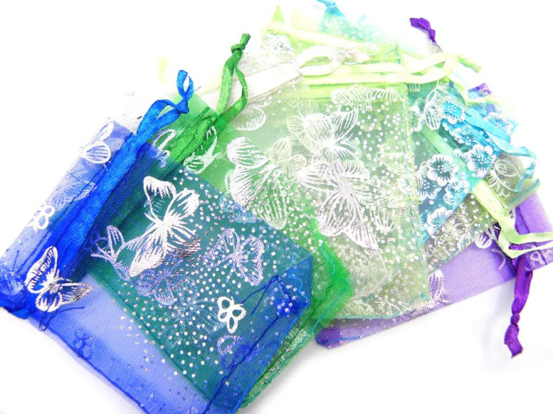 9 x 7 cm (3.5 x 2.7 inch) Small Organza Gift Bags with Drawstrings with silver/Gold Print - Various Colours (10 Pc.)