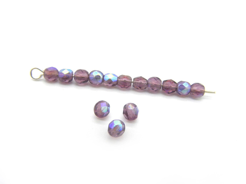 3 mm Small Round Faceted Fire-polished Czech Glass Beads - Amethyst AB (80 Beads)