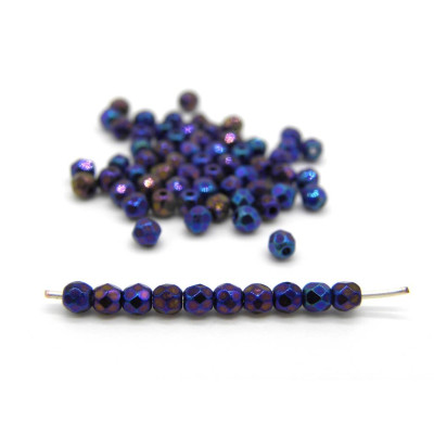 3 mm (0.12 Inch) Round Faceted Fire-polished Czech Glass Beads - Jet Blue Iris (80 Beads)