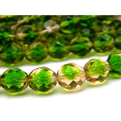 8 mm Round Faceted Fire-polished Czech Glass Beads (25 pc.) - Dual Tone Green/Pink
