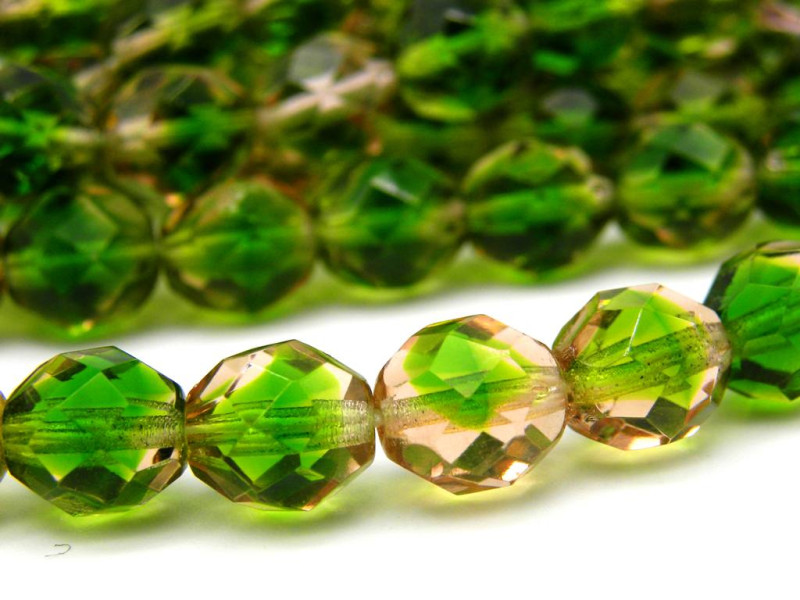 8 mm Round Faceted Fire-polished Czech Glass Beads (25 pc.) - Dual Tone Green/Pink