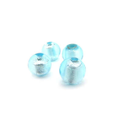 10 mm Hand-Made Round Silver Foil Glass Beads, Lampwork Beads - Aquamarine Blue (8 Pc.)