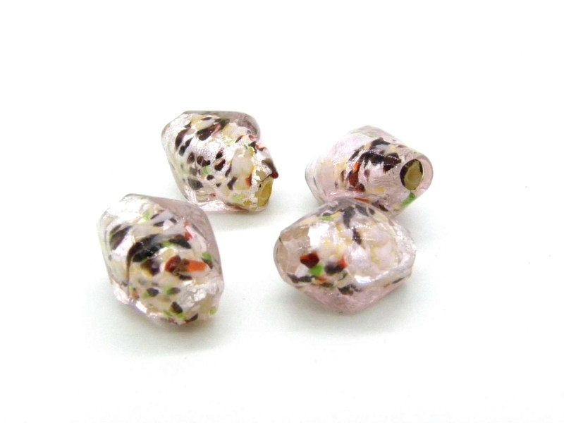 Große Doppelkegel-Glasperlen 15 mm mit Silbereinzug, große Lampwork-Doppelkegel - Rosa bunt gesprenkelt 4 Stk.