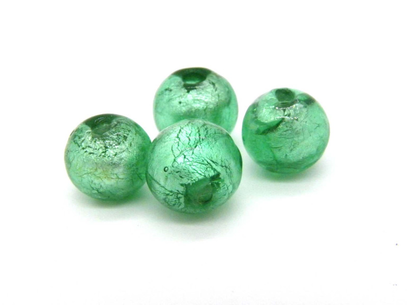10 mm Hand-Made Round Silver Foil Glass Beads, Murano-Style Lampwork Beads - Mint Green (8 pc.)