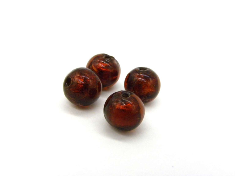 10 mm Hand-Made Round Gold Foil Glass Beads, Murano-Style Lampwork Beads - Brown - 8 pc