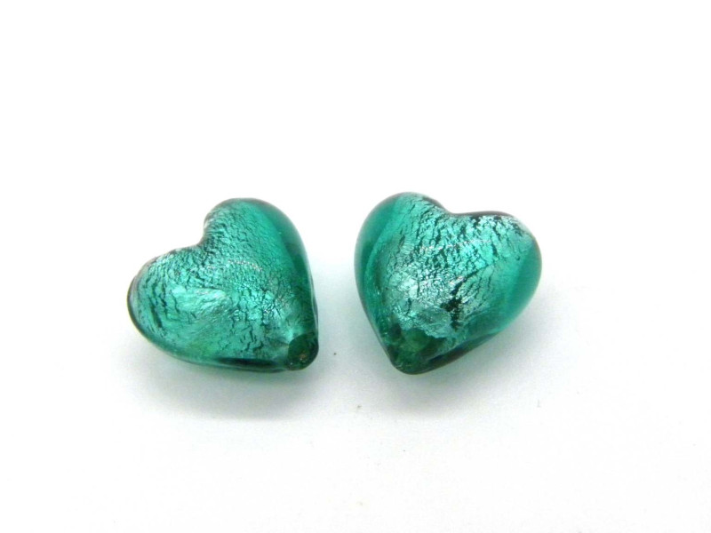 13 mm Hand-Made Heart Silver Foil Glass Beads, Lampwork Glass Heart - Emerald Green (2 Pc.)