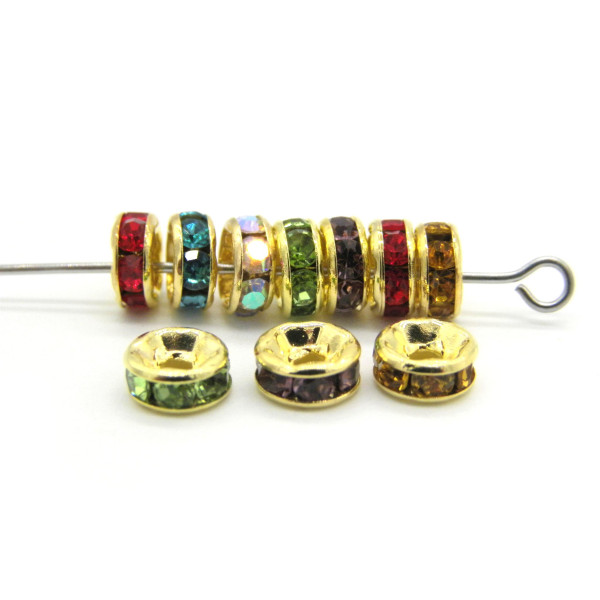 6 mm Gold plated Round Rhinestone Spacers, Crystal Strass Rondelles - Mixed Colours - 20 Pc