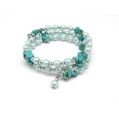Round glass beads and gemstone chip wrap bracelet - medium size - turquoise Round glass beads and gemstone chip wrap bracelet - medium size - turquoise