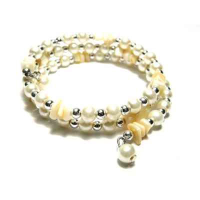 Round glass beads and gemstone chip wrap bracelet - medium size - mother of pearl Round glass beads and gemstone chip wrap bracelet - medium size - mother of pearl