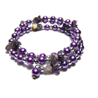 Round glass beads and gemstone chip wrap bracelet - medium size - amethyst Round glass beads and gemstone chip wrap bracelet - medium size - amethyst