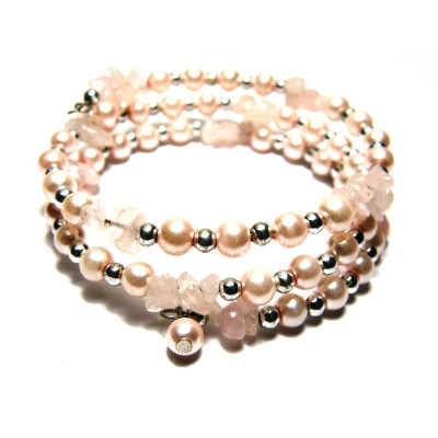 Round glass beads and gemstone chip wrap bracelet - medium size - rose quartz Round glass beads and gemstone chip wrap bracelet - medium size - rose quartz