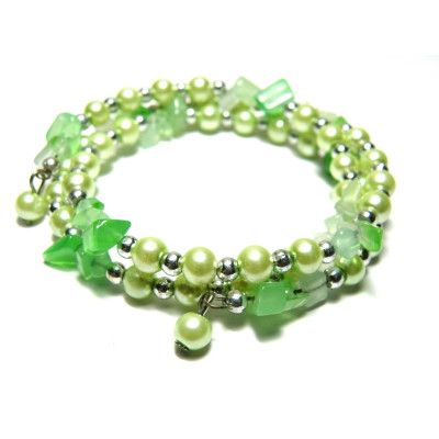 Round glass beads and gemstone chip wrap bracelet - medium size - green agate Round glass beads and gemstone chip wrap bracelet - medium size - green agate