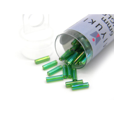 6 x 1.7 mm (Size 2) Long Round Miyuki Bugle Beads - Transparent Green AB (BGL2-9179) - XL Vial 17 g