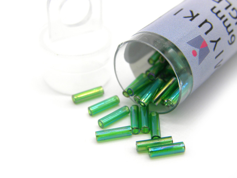 6 x 1.7 mm (Size 2) Long Round Miyuki Bugle Beads - Transparent Green AB (BGL2-9179) - XL Vial 17 g