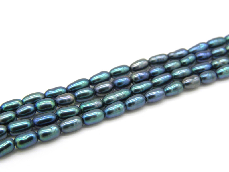2 x 4 mm Oval Rice-shaped Freshwater Cultured Pearls - Peacock-Black