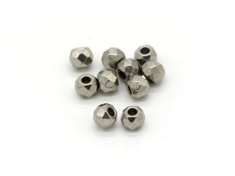 4 mm Small Faceted Round Solid Stainless Steel Beads - 1.5 mm Hole - Silver Tone (10 Pc.)