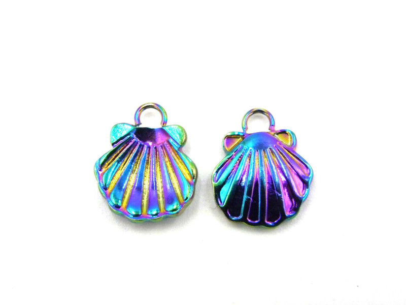 12 mm Small Rainbow Stainless Steel Seashell Charm Pendant - 2 pc