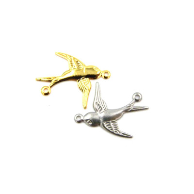 17 mm Stainless Steel Swallow Bird Charm Connector with 2 Holes - Stainless Silver or Gold Plated (4 Pc.)