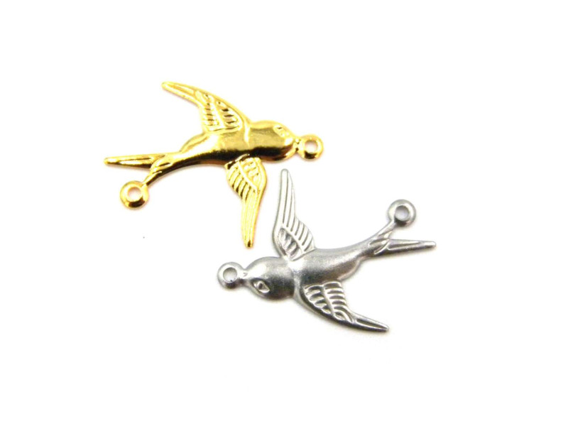 17 mm Stainless Steel Swallow Bird Charm Connector - Silver, Gold Plated - 4 pc