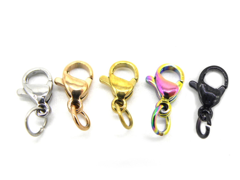 10 mm kleine Karabinerverschlüsse aus Edelstahl mit 5 mm Biegering - Silber, Gold, Roségold, Regenbogen, Schwarz  (5 Stk.)