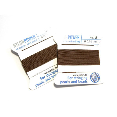 2m Griffin Nylon Power Bead Cord Perlseide 0,60 mm mit Nadel - Braun