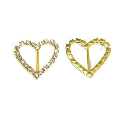 26mm Brass Heart shaped Rhinestone Buckle, Strass Ribbon Slider - Gold/Crystal (1 Pc.)