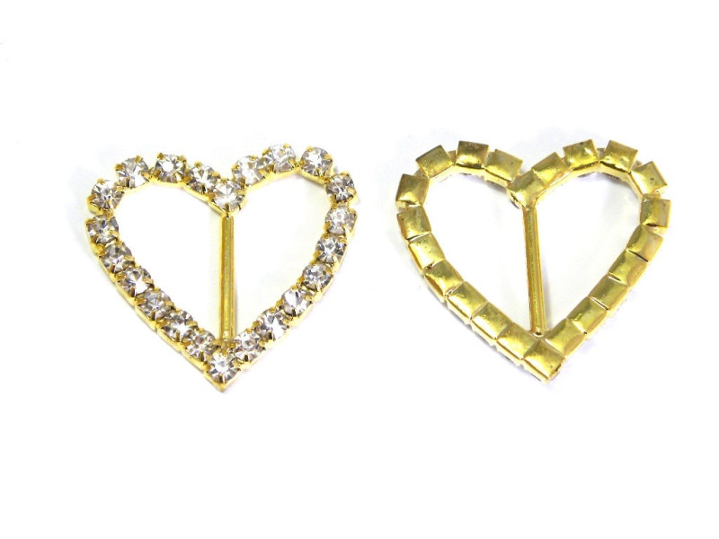 26mm Brass Heart shaped Rhinestone Buckle, Strass Ribbon Slider - Gold/Crystal (1 Pc.)