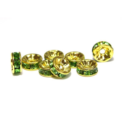 8 mm Gold-Plated Round Rhinestone Spacers, Rhinestone Rondelles, Strass Rondelles- Peridot - 10 pc