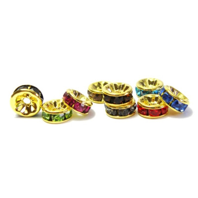8 mm Gold-Plated Round Rhinestone Spacers, Rhinestone Rondelles, Strass Rondelles- Mixed Colours - 10 pc