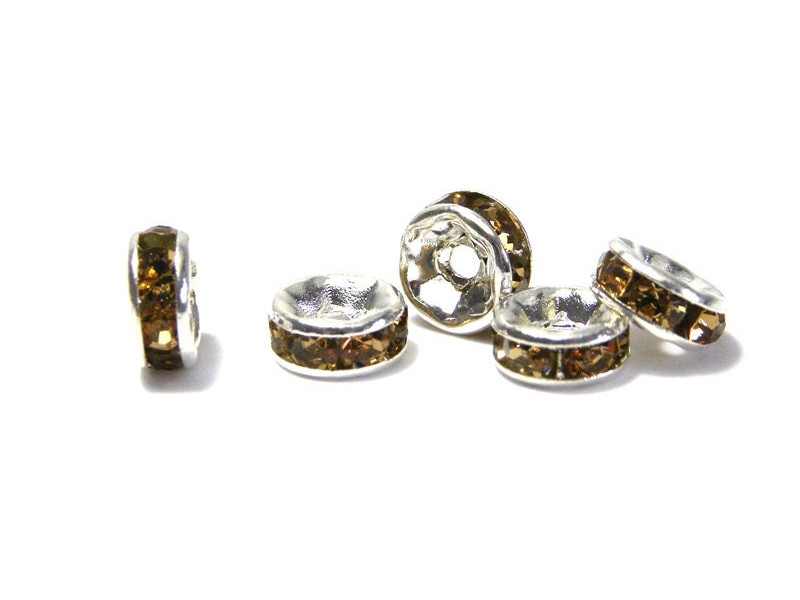 6 mm Silver plated Round A-Grade Rhinestone Spacers, Strass Rondelles - Light Colorado Topaz - 10 pc