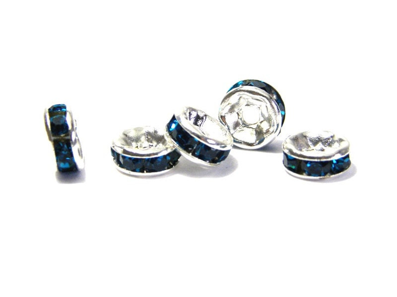 10x versilberte runde Strassrondelle 8 mm mit A-Grade Kristallen - Petrol