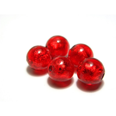 10 mm Hand-Made Round Silver Foil Glass Beads, Lampwork Beads (10 pc.) - Siam Red