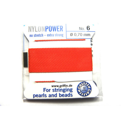 Griffin NylonPower Bead String - Pearl Knotting Cord with Needle - CORAL RED (2 m/6.6 Ft)