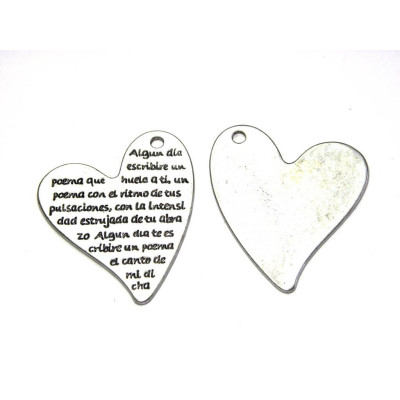 Very Large Engraved Heart Alloy Metal Pendant, XXL Heart Pendant - 45 mm - Antique Silver Pendant