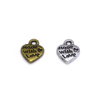 10 mm Vintage - Made with Love - Heart Metal Alloy Charm - Antique Gold or Antique Silver (pack of 2)