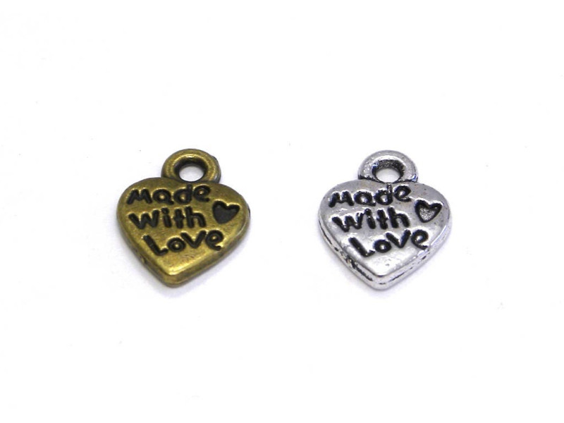 10 mm Vintage - Made with Love - Heart Metal Alloy Charm - Antique Gold or Antique Silver (pack of 2)