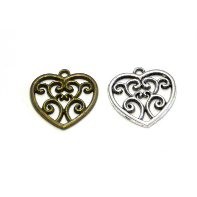 22 mm Floral Vintage Heart Metal Alloy Charm - Antique Gold or Antique Silver (2 Pc.)