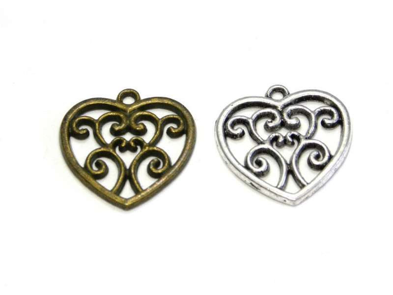 Floraler Herz Charm Anhänger 22 mm - Antikgold oder Antiksilber (2 Stk.)