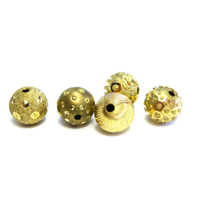 11 mm Large Round Laser Engraved Brass Beads (5 pc.) - Disco Ball Beads - Gold - Mixed Patterns