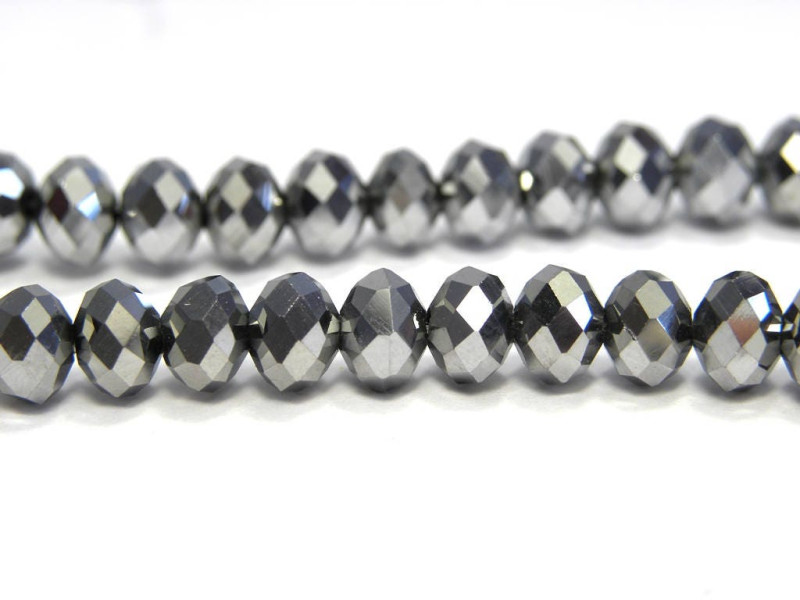 6 mm Faceted Flat Round Glass Beads (Rondelle Beads) - Metallic Silver
