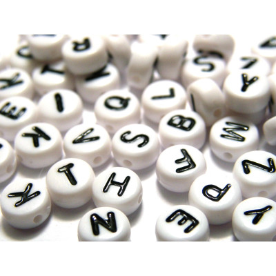 7 mm Flat Round Acrylic White Alphabet Beads with  Black Letters