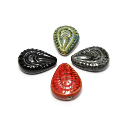 1 pc. Hand Painted Drop Shaped Ceramic Bead, Large Porcelain Flat Drop Bead 31 mm