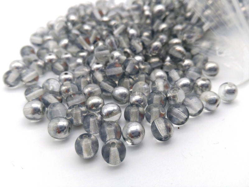 6 mm Traditional Round Czech Pressed Glass Beads - Crystal Silver Semi-Coated