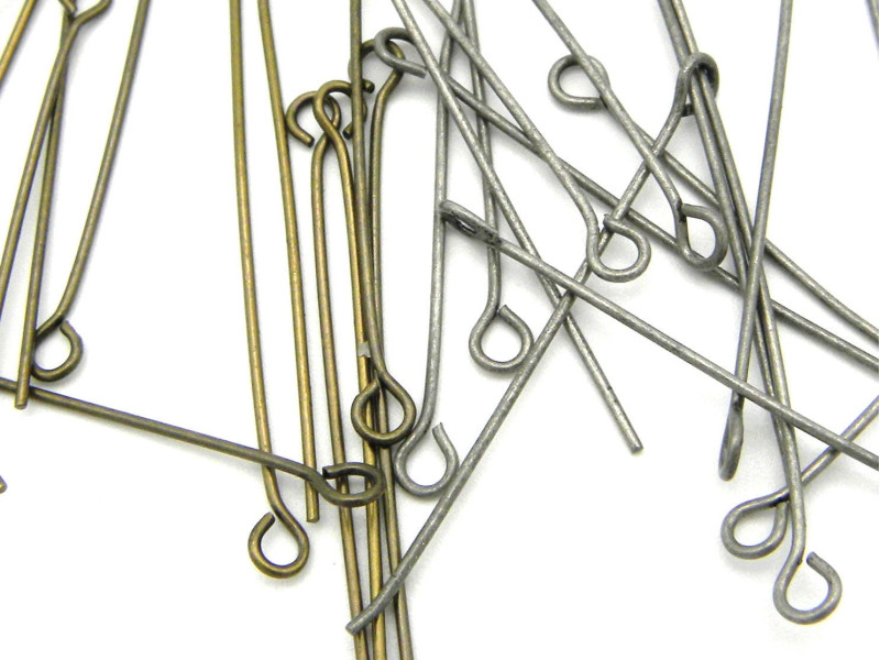 1.5 Inch (38 mm) x 0.6 mm (22 GA) Thin Medium Brass Eye pins - Antique Gold or Antique Silver (100 Pc.)