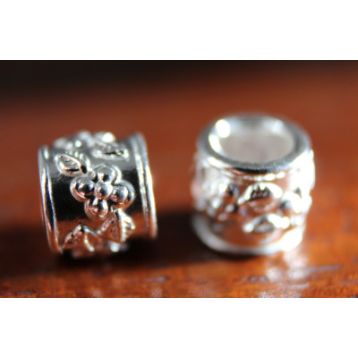 1 Stk. Sterling Silber Zylinder Distanzperle mit Blumenmuster 7 mm - große Bohrung