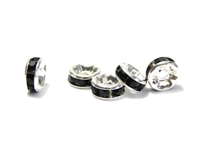 8 mm Silver plated Round A-Grade Rhinestone Spacers, Strass Rondelles - Jet Black - 10 pc