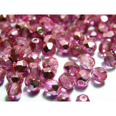 4 mm Round Faceted Fire-polished Czech Glass Beads - Pink Metallic
